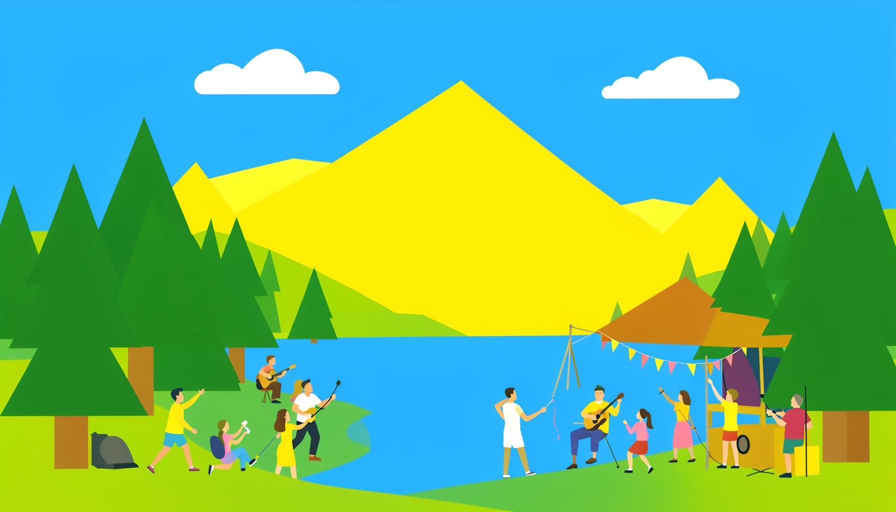 Mountain lake scene with pine trees, a small stage, and festival-goers enjoying music under a golden sky
